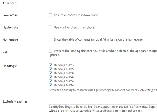 تنظیمات پیشرفته Easy Table of Contents