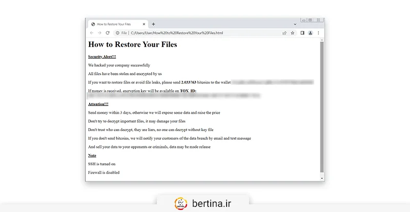 نمونه فرمت متن ساده قربانیان بدافزار ESXiArgs دو فایل دیگر به نام‌های ranson.html و How to Restore Your Files.html روی سرورهای آلوده