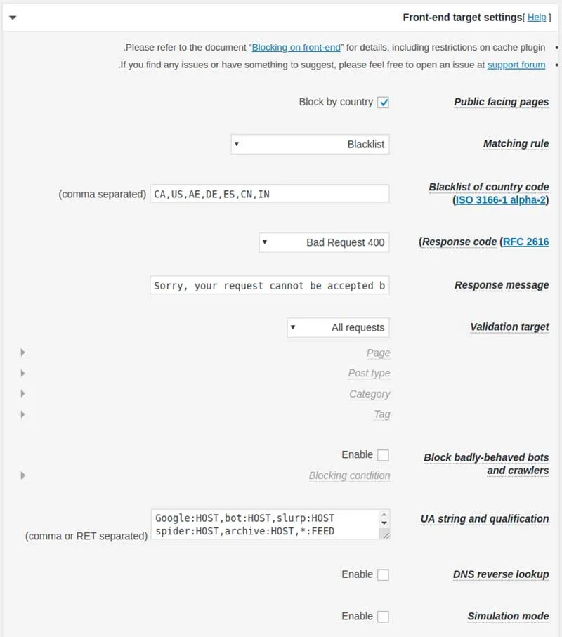 IP Geo Block Front end target settings