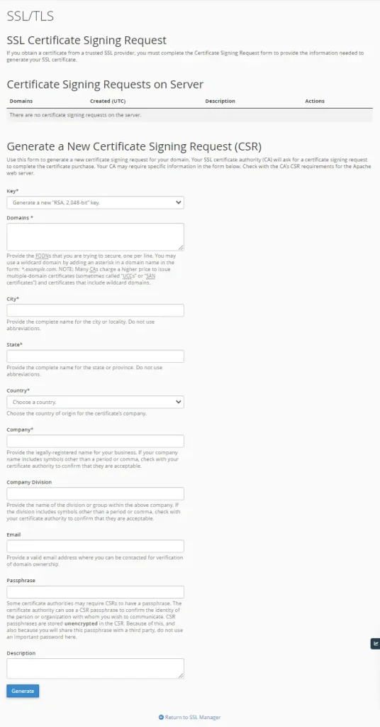 فرم ایجاد CSR در cPanel با فیلدهای پر شده